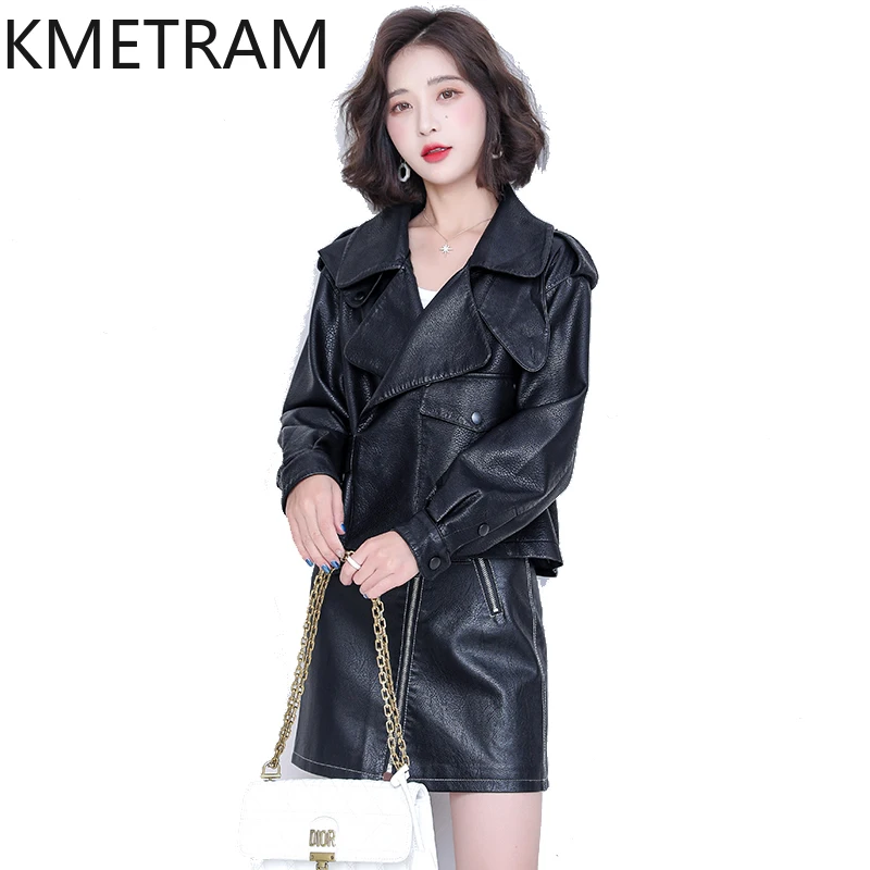 KMETRAM Real 100% Sheepskin Leather Women's Jackets Spring Autumn Short Clothes for Women Motocycle Long Sleeve Coats Fashion