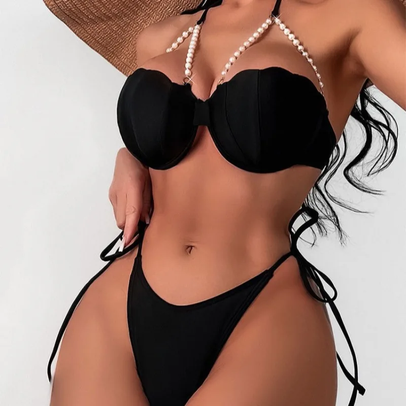 2026 Sexy Shell Shape Underwire Bikini Tie Side Thong Bikinis Swimwear Women Black Pearls Strap Push Up Bathing Suit Swimsuit