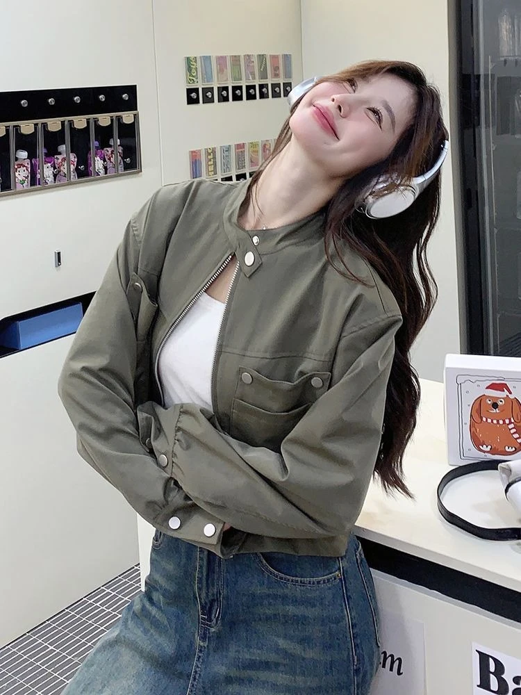 

2025 Spring Autumn Green Short Women's Chic Cargo Jacket Unique Design Casual Streetwear Apparel