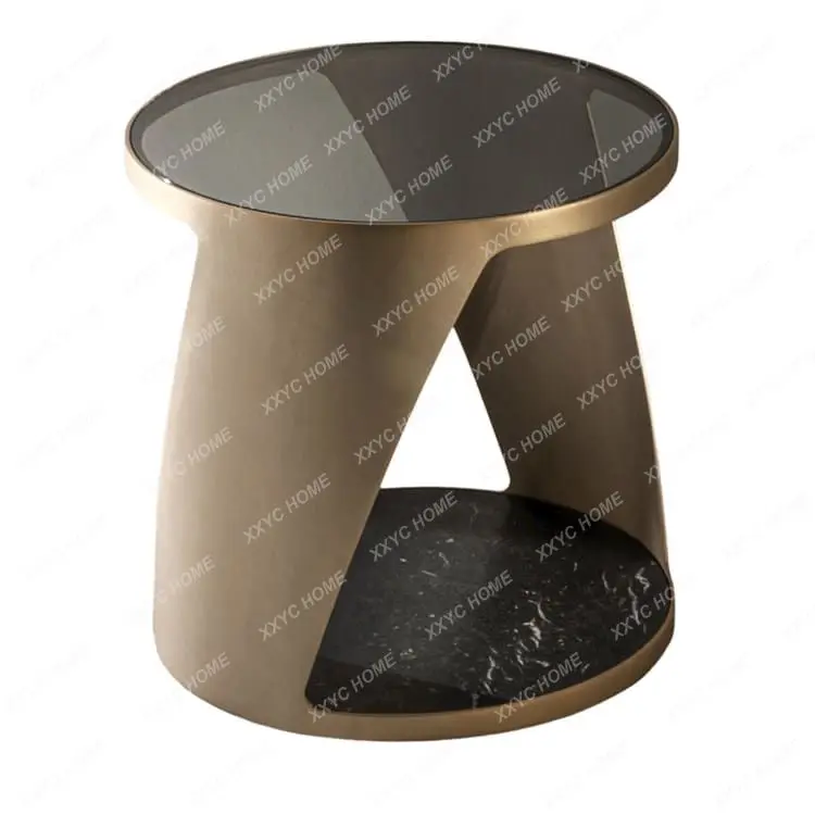 Light luxury stainless steel gold double-layer round marble coffee table for home use