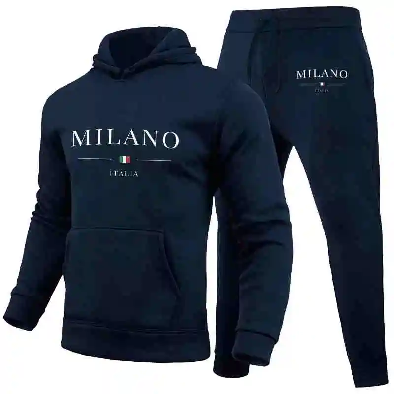 Heren Sport Hoodie Set Luxe Milan Print Sweatshirt Joggingbroek Capuchon Joggingbroek Casual Streetwear Sportkleding