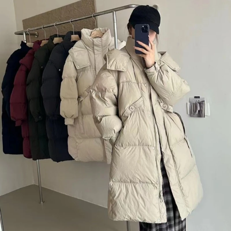 Hooded Puffer Jacket for Women, Thick Warm Parka, Casual Loose Pockets, Mid-length Down Jackets, Windproof, Warm, Winter, New