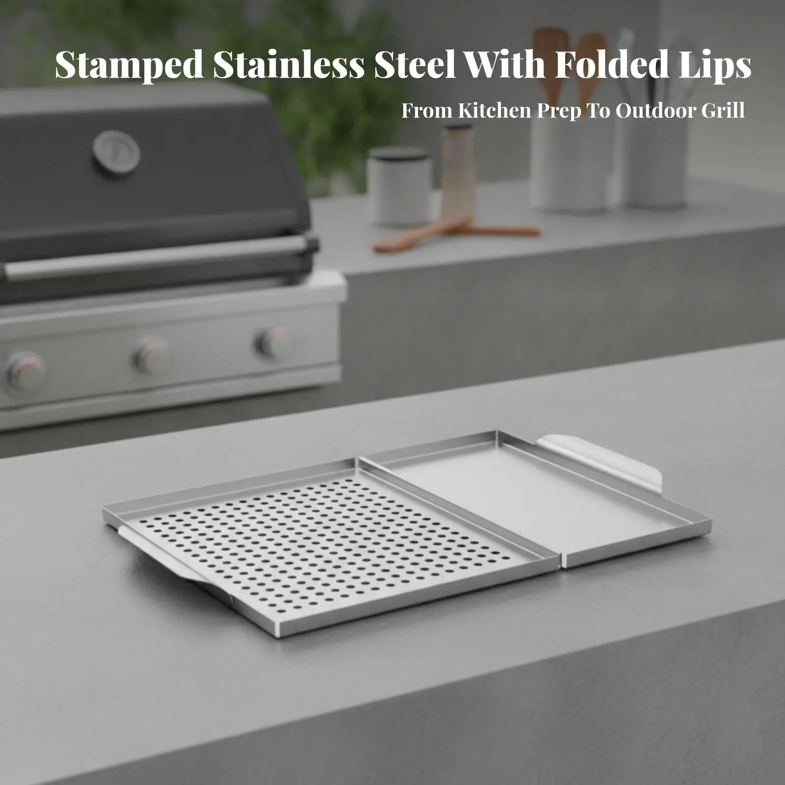 Stainless Steel Barbecue Tray Raised Edge Containment Design, Rectangular Grill Tray with Perforated Section, for Backyard