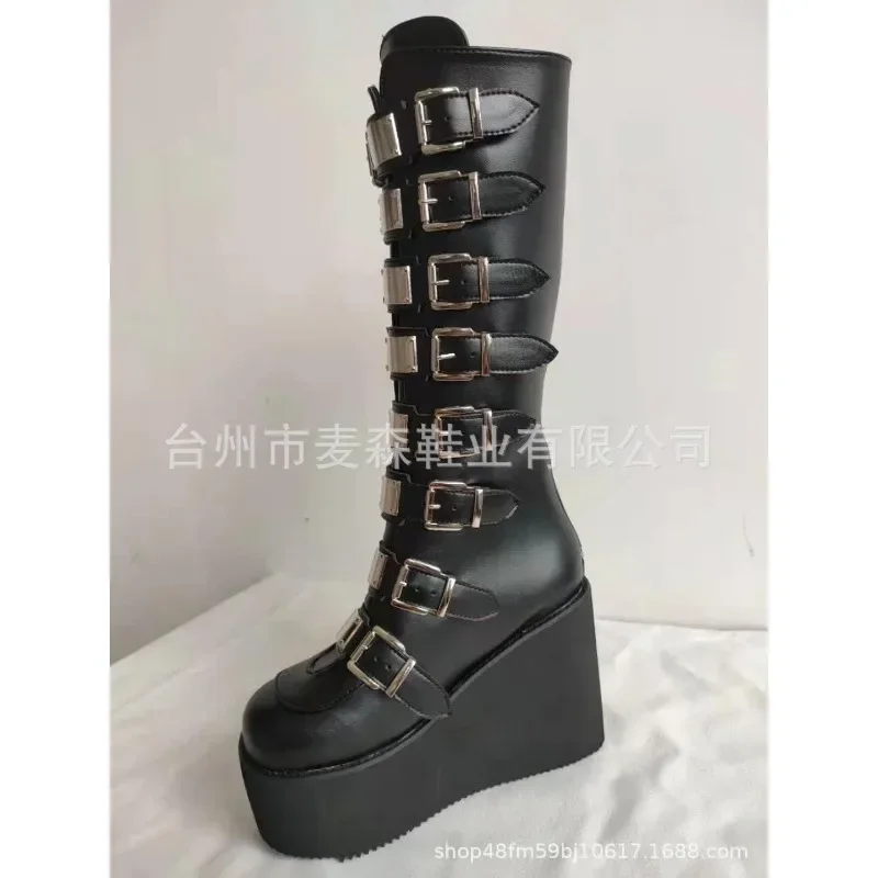 Punk Women Boots Cosplay Ladies High Heel Platform Wedges Women High Boots Gothic Buckle Strap Long Tube Leather Female Boots