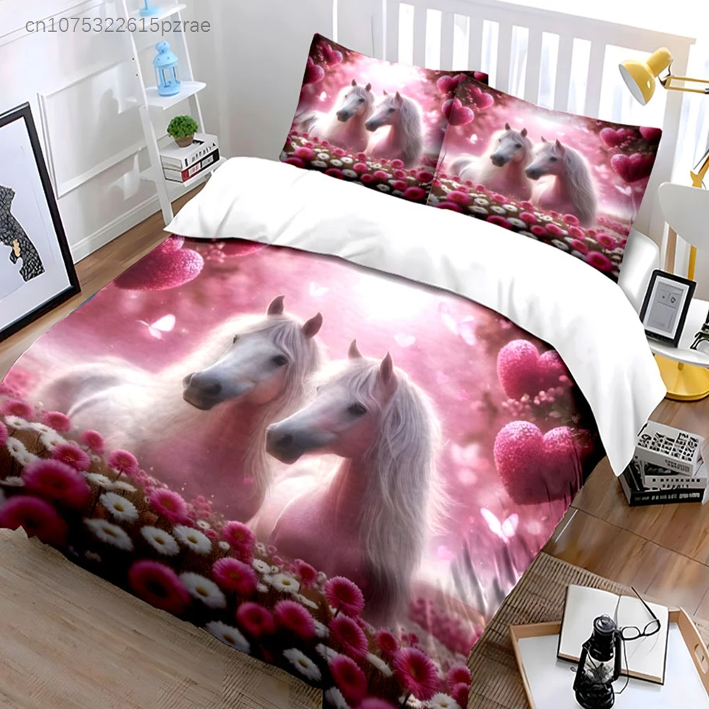 Romantic Horse Floral Decor Set Multiple Sizes kid's And adults' Bedroom Exquisite 3PC Bedding set, Gift