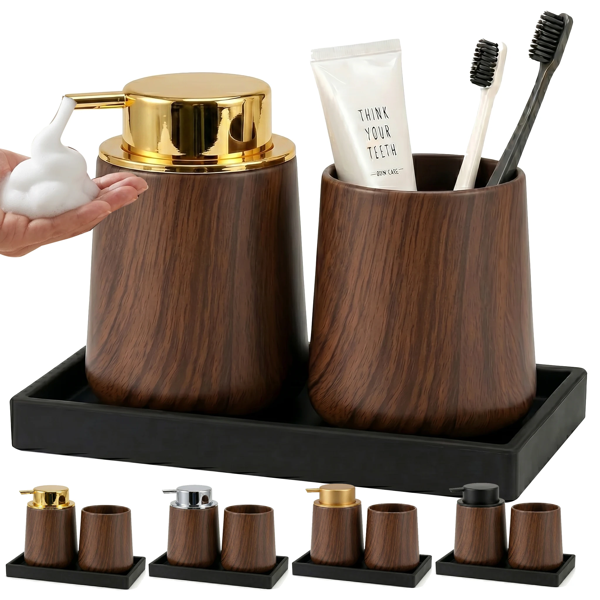 

Cotton Lotion Hand Toothpaste Brush Storage Countertop Accessories Walnut Foam Soap Dispenser Bottle Set for Kitchen Bathroom