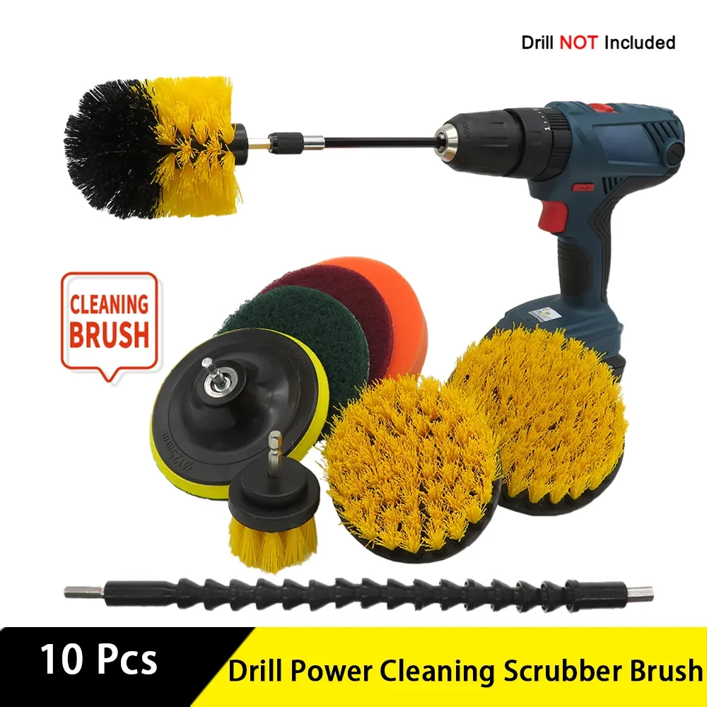 10Pcs Drill Power Cleaning Scrubber Brush Attachment Kit with Backer and Extension for Cleaning Bathroom Tub Shower Tile and Car