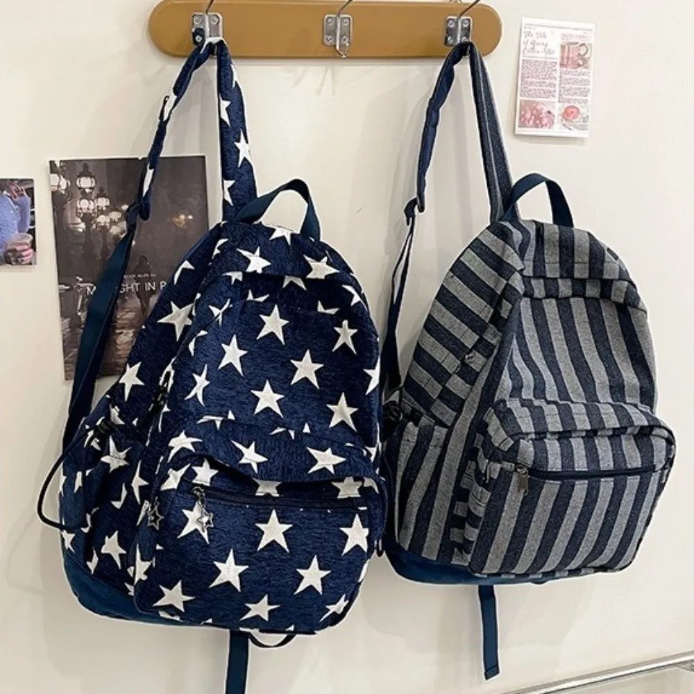 Korean Style Grey Stripes Backpack Lightweight Adjustable Straps Star Printing Backpack Commuting Multi-pocket