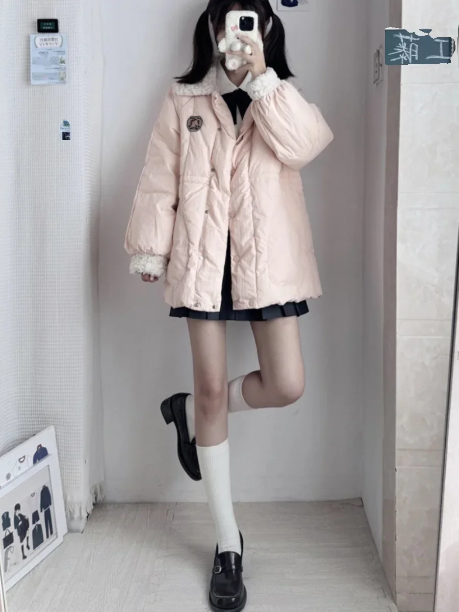 Autumn and Winter New Students Kawaii Parkas for Women Girls Sweet Cute Loose Casual Cotton Padded Coats College Down Cotton