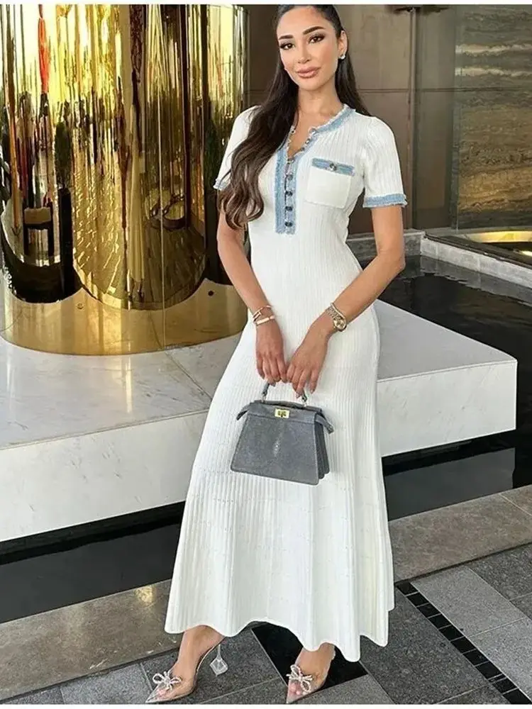 Elegancka dżinsowa patchworkowa długa sukienka z dzianiny z dekoltem w szpic moda damska z krótkim rękawem i guzikami sukienki bandażowe biurowe damskie szaty z kieszeniami