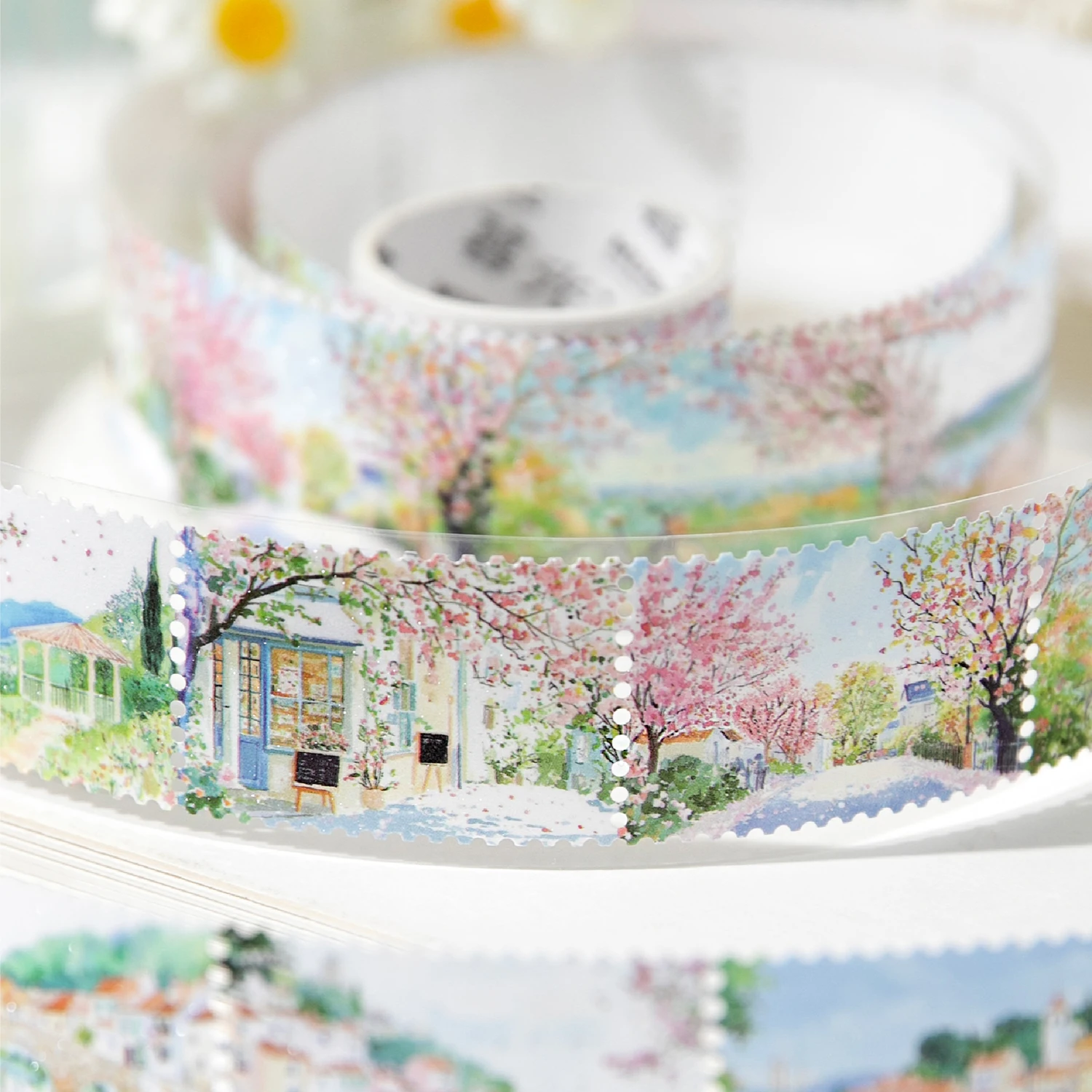 1 autocollant en papier synthétique pailleté - Paysage printanier aquarelle, fleurs de cerisier, motif de ville pour journal et scrapbook