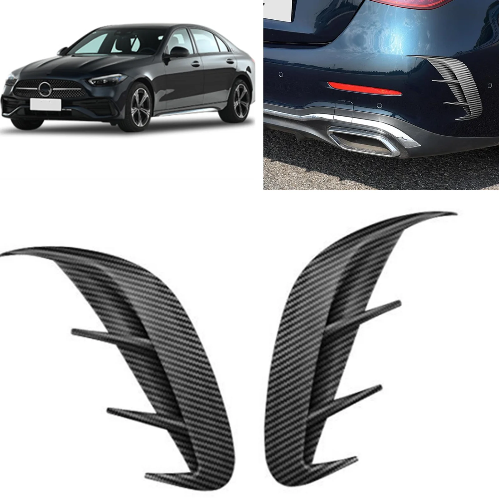 

For Mercedes Benz C Class W205 2022 Sport ABS Carbon Fiber Look Rear Bumper Side Spoiler Air Vent Trim Canard Cover Fin Splitter