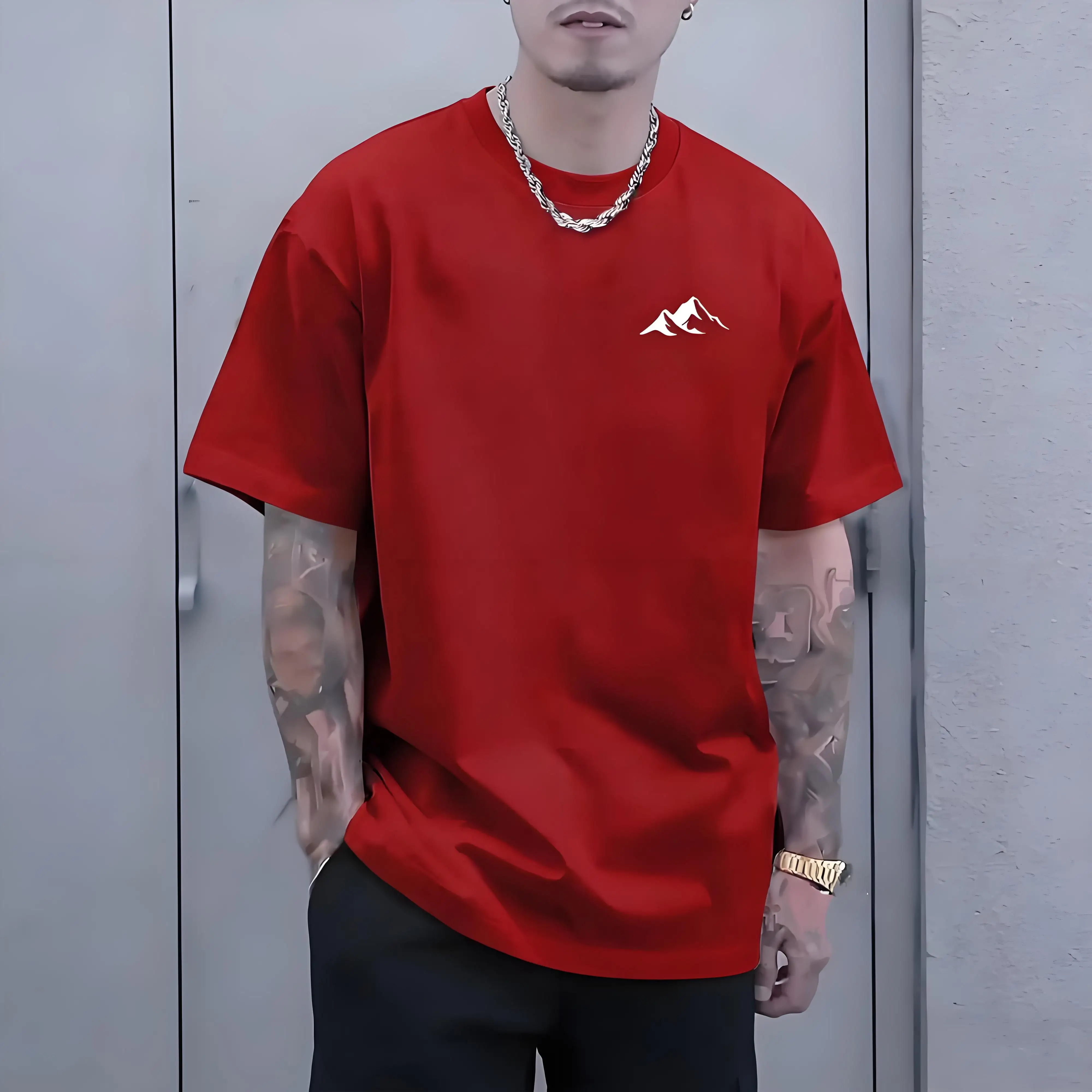 

Мужская летняя футболка из 100% чистого хлопка, модная повседневная спортивная свободная футболка с горным принтом, круглым вырезом и короткими рукавами.