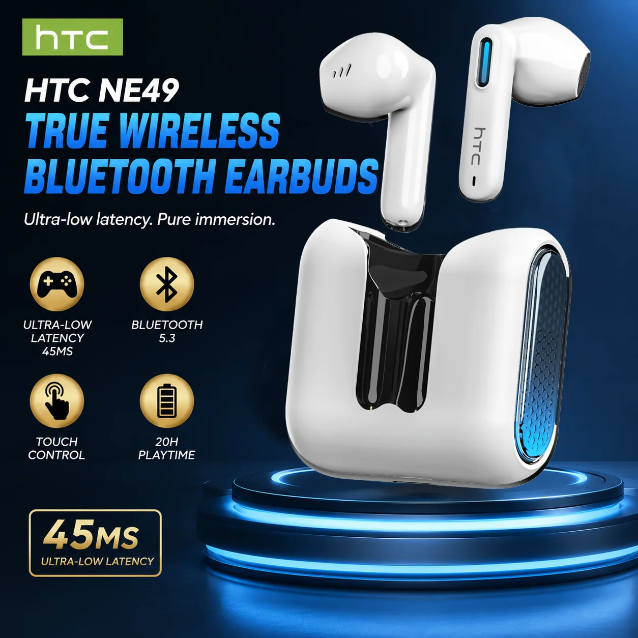 Écouteurs sans fil HTC NE49 TWS Bluetooth avec traducteur IA, réduction de bruit ENC, autonomie de 40H, commande tactile, écouteurs stéréo sportifs