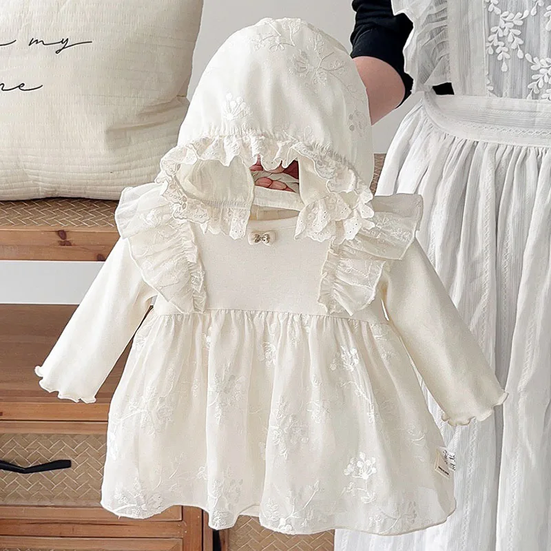 2025 New Spring 0-24M Children Clothes Toddler Baby Girl Romper Long Sleeved Cotton Mesh Splicing Newborn Baby Girl Jumpsuit+Hat