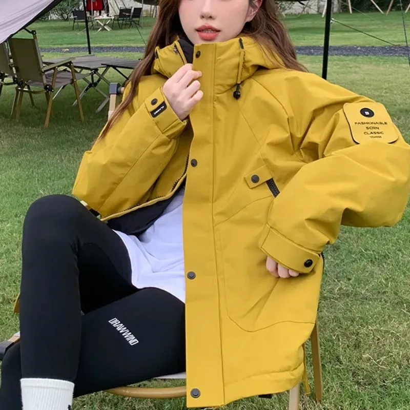 

Winter Women's Cargo Outdoor Parkas New Mountain Climbing Windbreaker Korean Loose Cotton Paded Jacket Couple Warm Hooded Coats