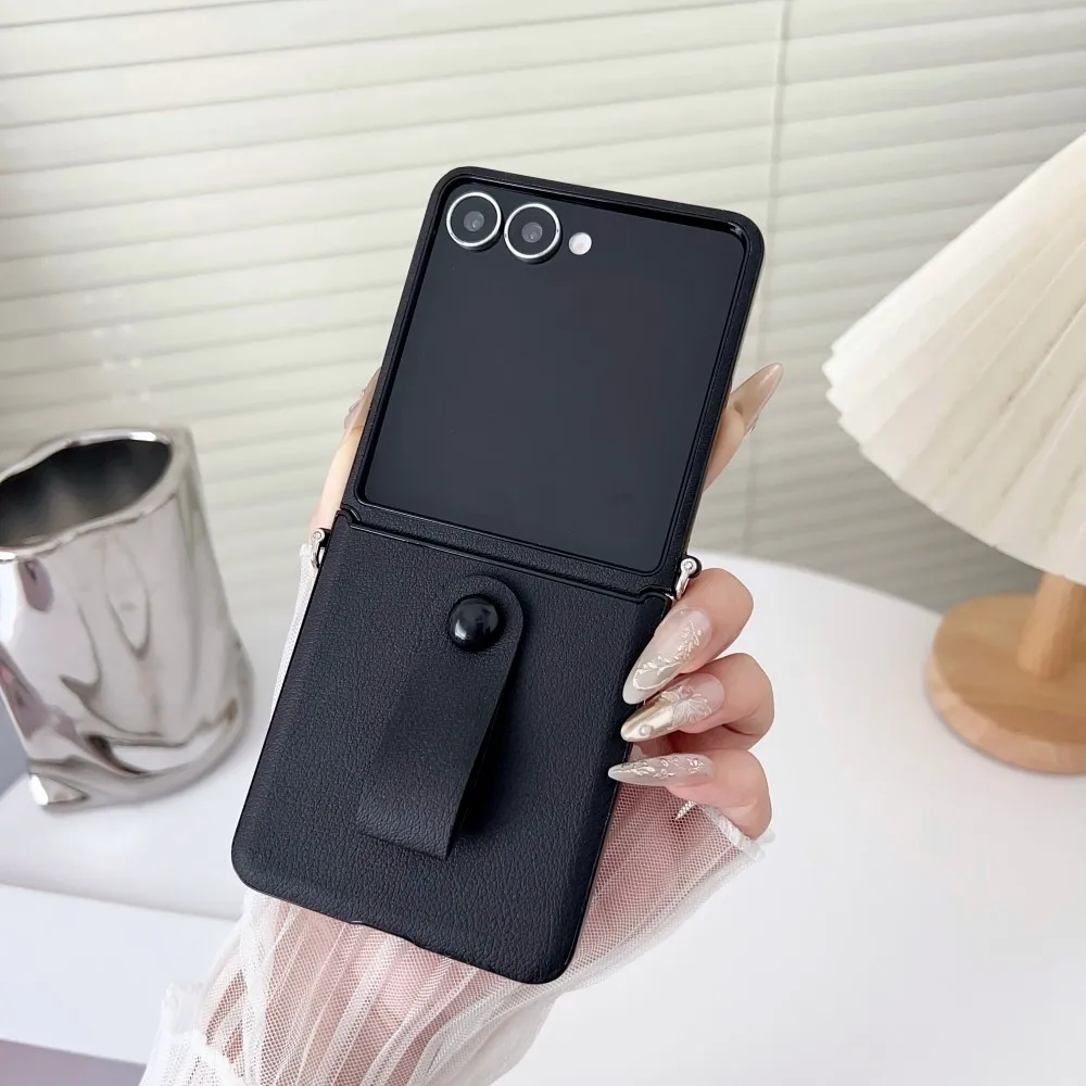 Luxury Simple PU Leather Portable Wrist Strap Folding Case For Samsung Galaxy Z Flip 8 7 FE 6 5 4 5G Shockproof Protector Cover