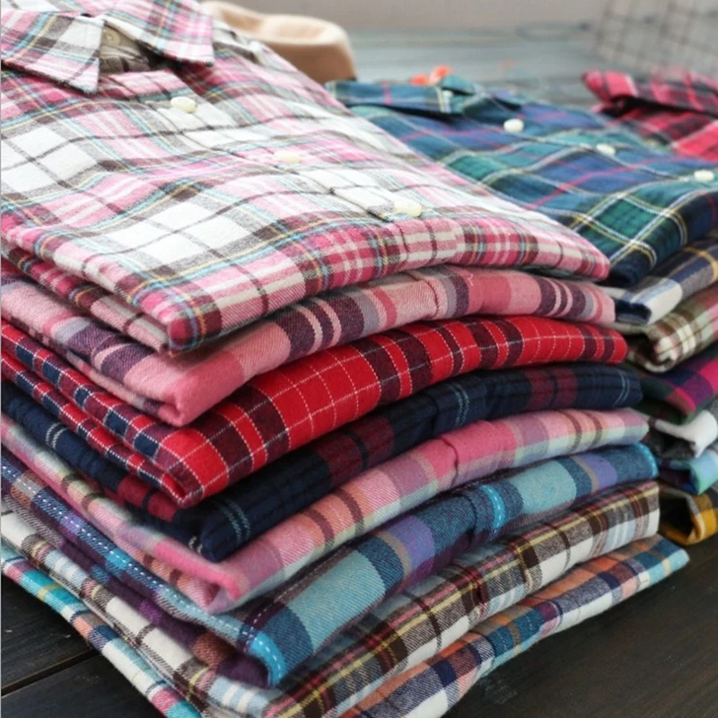 Women Autumn Sanding Fabric Flannel Plaid Shirt Blouses Casual Female Spring Warm Shirts Ladies Tops Sanded Plaid Cotton Fabric