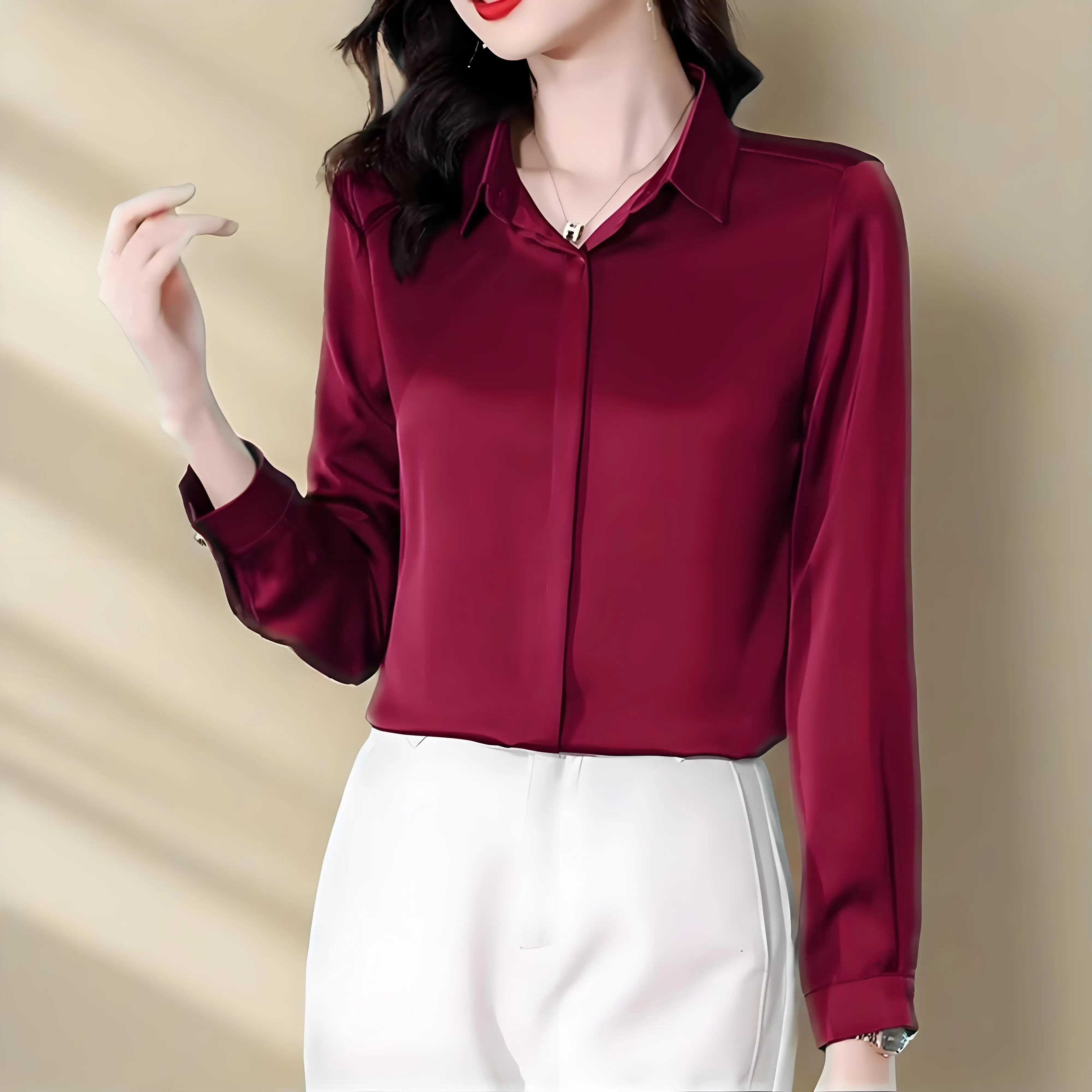 

Classic Vintage Soft Simple Solid Satin Shirts Fashion Women Blouses 2025 Long Sleeve Office Lady Slim Fit Tops Femme