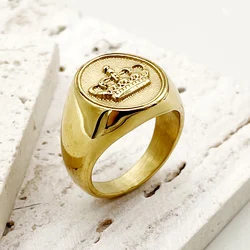 May@RZ 1pc Simple Stylish Crown Embossed Ring 14K Gold Plated Stainless Steel Classy Accessories Men and Women's Finger Ring
