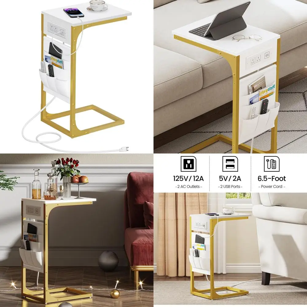 Mesa lateral de sofá em forma de C branca e dourada com estação de carregamento integrada e bolsa de armazenamento para sala de estar e quarto TB01BWG024