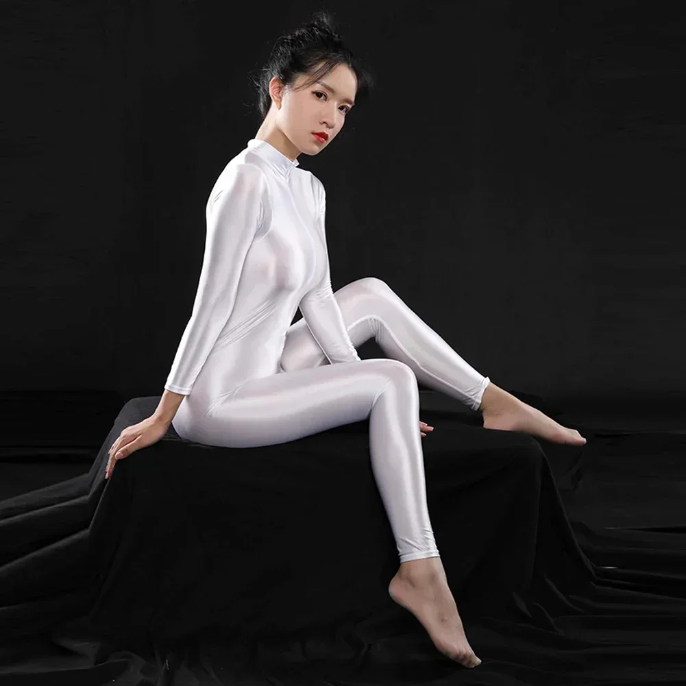 Womens Sexy Oil Shiny Jumpsuit Long Sleeve Zip-up Bodysuit Tights Glossy Bodystockings Oily Underwear Thin Smooth Sleepwear