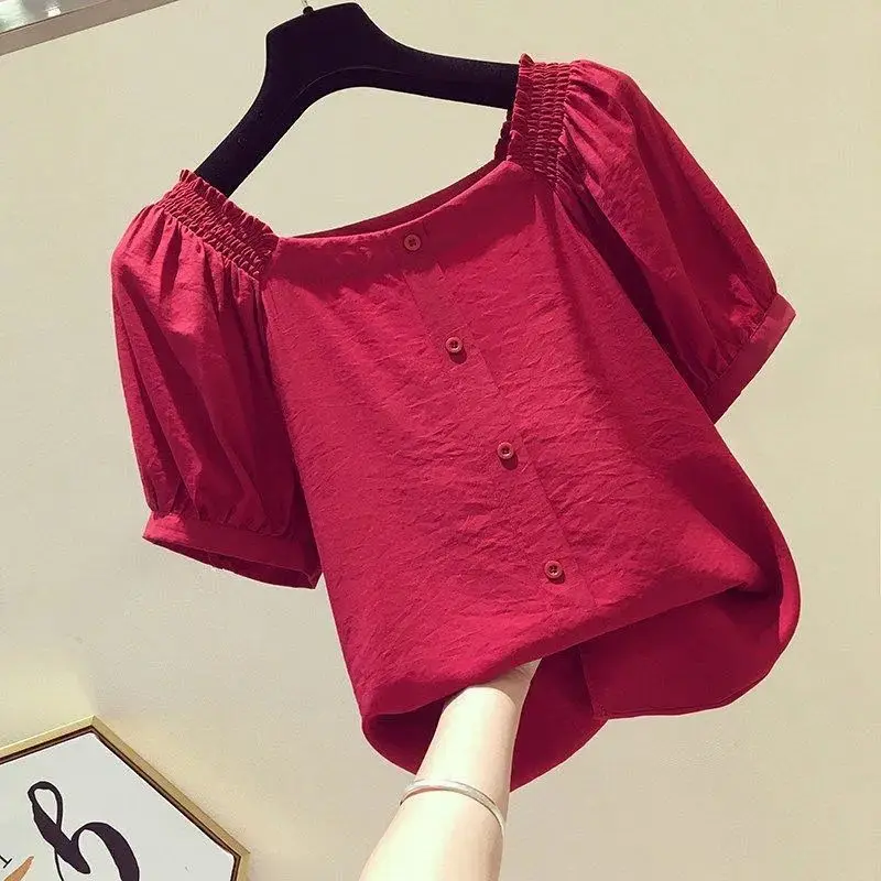 

Pullovers New Women's Summer Solid Color Slash Neck Button Spliced Elegant Loose Casual Chiffon Shirt with Bubble Sleeves Top