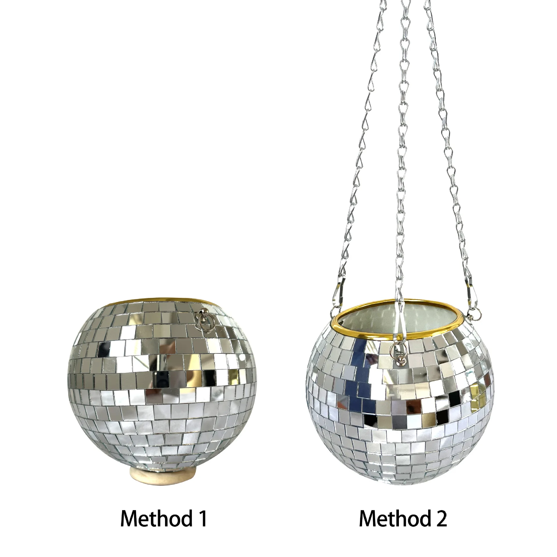 Disco-Spiegelkugel Hängender Blumentopf Sukkulenten-Pflanzgefäß für Innen- und Gartenbereich Wanddekoration Vase mit Holzring-Kette – Detail 3