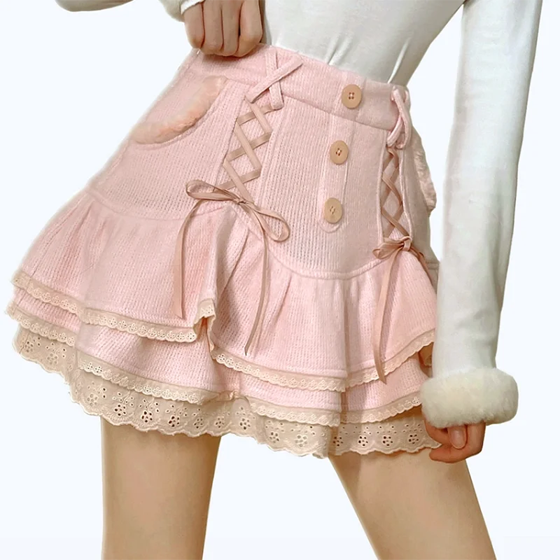 Japanese lolita kawaii clothes pink mini skirt with shorts Lace High Waist korean style women 2024 new fall White skirt fluffy