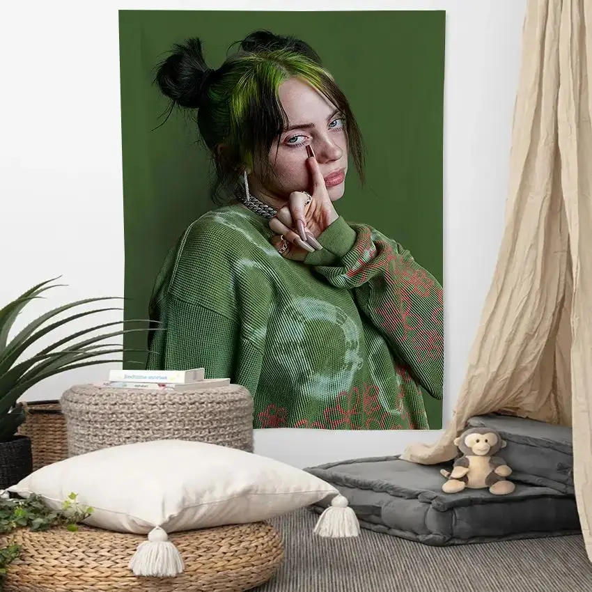 VIKAMA Billie Eilish Green Hat Wall Tapestry Pop Music Singer Celebrity Poster Home Decor Lovely Gift Soft Durable Cozy Washable