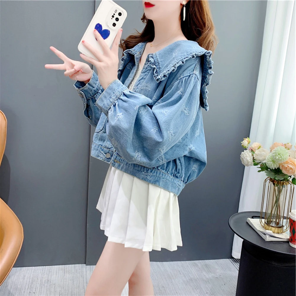 Korean Style Sweet Ruffles Women\'s Short Denim Jacket Ladies Peter Pan Collar Retro Jean Coat For Women Long Sleeve Outwear Tops