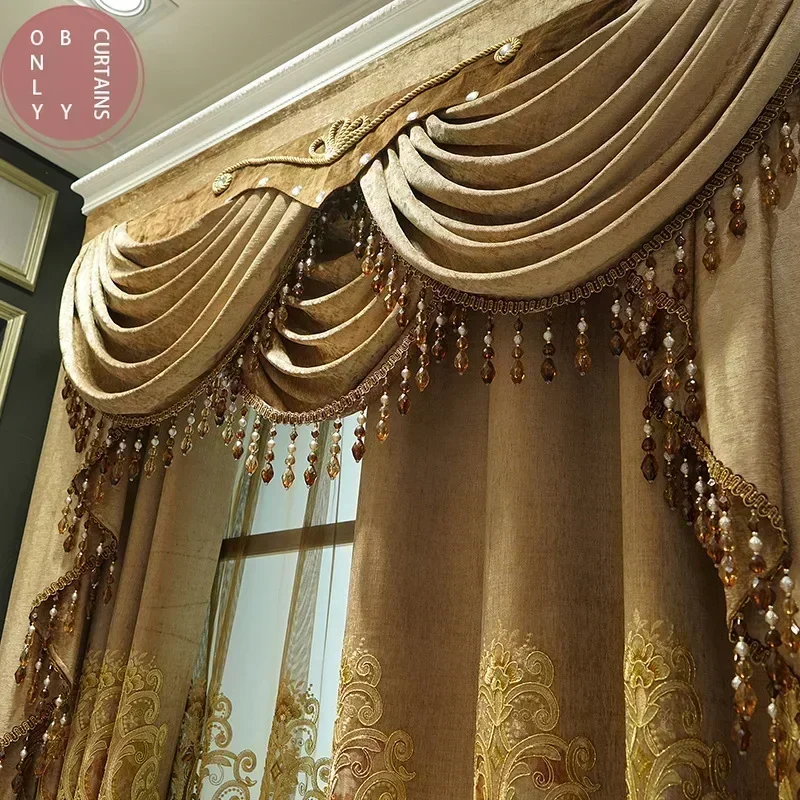 Luxury Brown Gold Embroidered Thickened Chenille Blackout Curtains for Living Room Bedroom Window Screen Custom Villa Valance