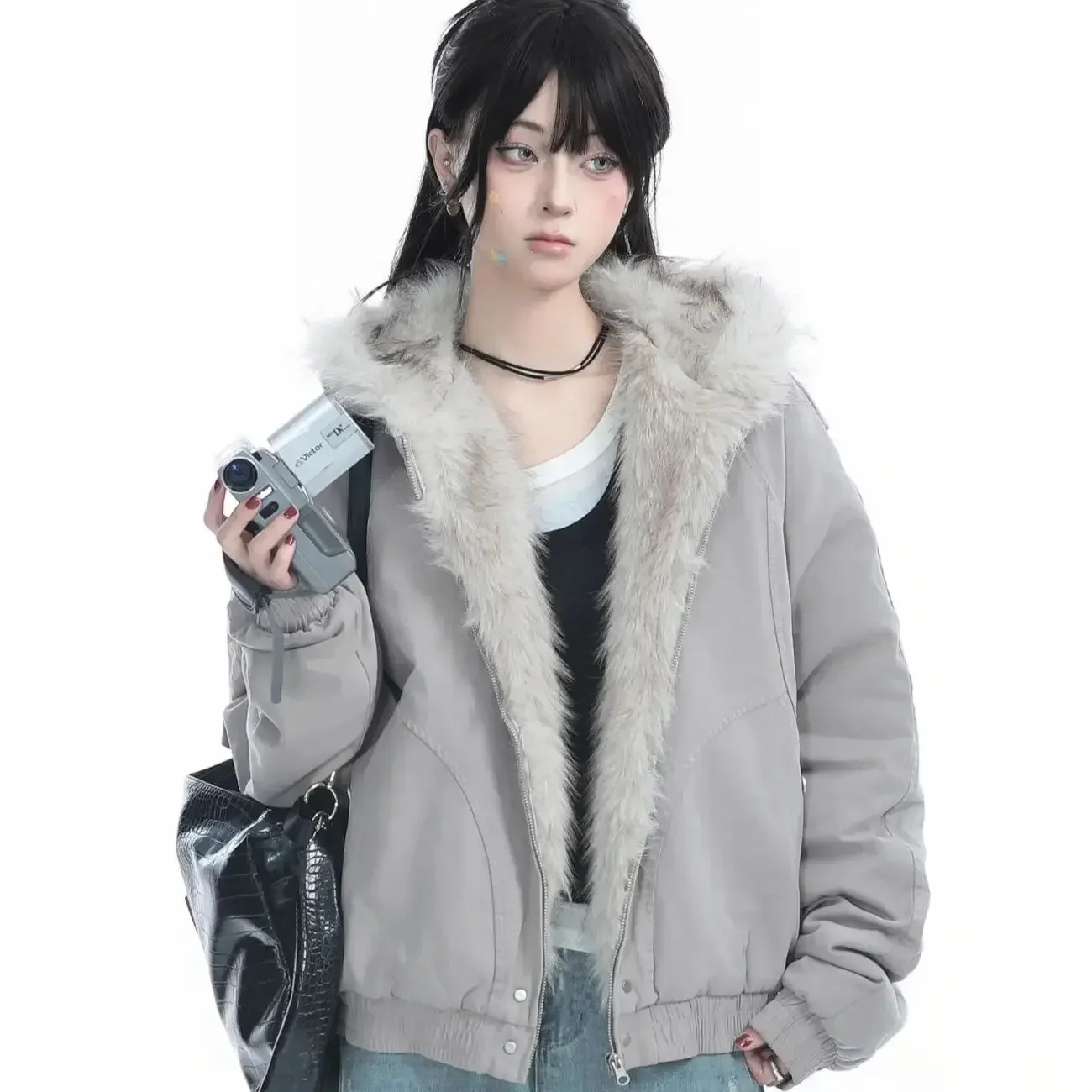 2000s American Vintage Faxu Fur Coats with Hooded Women Long Sleeve Subculture Harajuku Sweatshirts Outwear Chic Korean Fashion