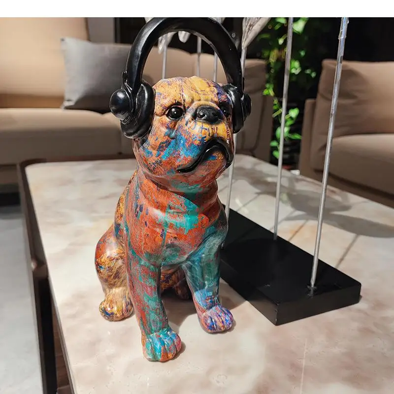 

European Style Resin France Bulldog Painting Headphone Dog Animal Statue Desktop Decoration Room Decoration Home Decoration Gift