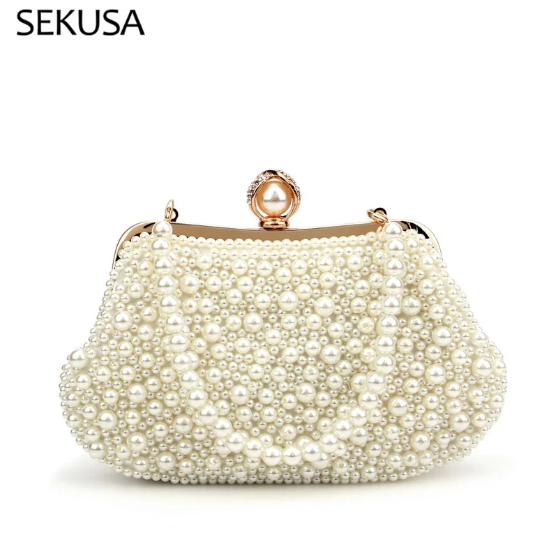 Beading Women Clutch Shell Design Evening Bag With Chain Shoulder Pearl Embroidery Handbags Chain Shoulder Purse