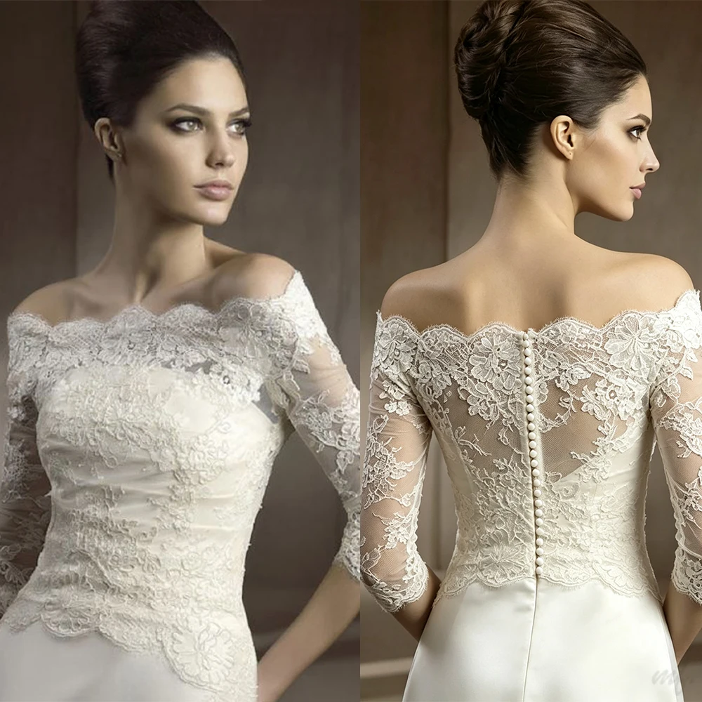  Glamorous Lace Applique Wedding Jacket Off The Shoulder 3/4 Sleeves Bridal Bolero Back Button Women Wraps For Bride Customized