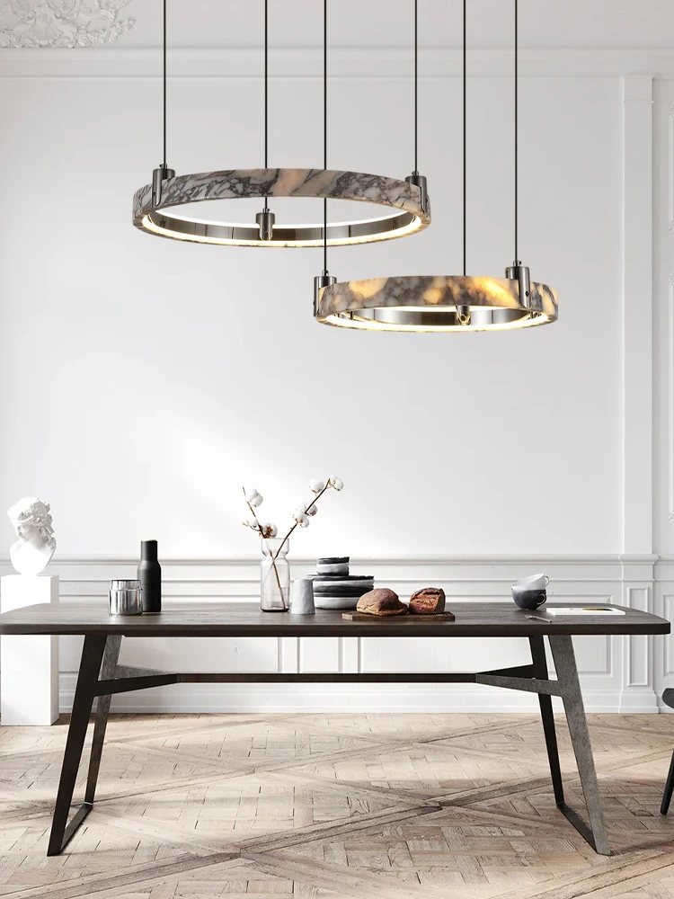 Natural Marble Ring Black Chrome Gold 2026 Chandelier Lighting Para Sala Estar Alabaster Pendant