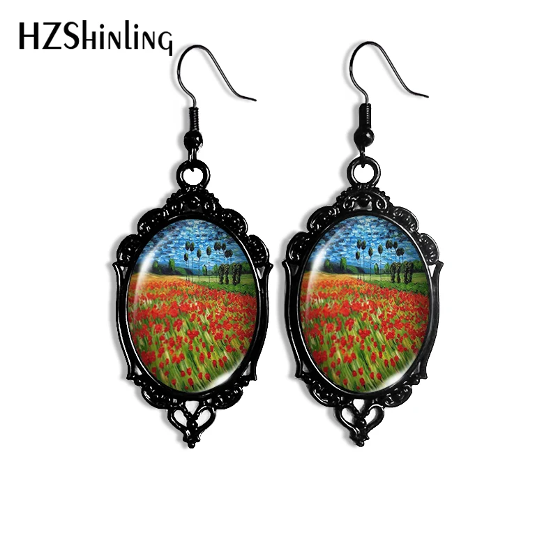 2024 New The Starry Night Oil Painting Dangle Earring Black Lace Earrings Oval Glass Photo Jewelry Gifts Party