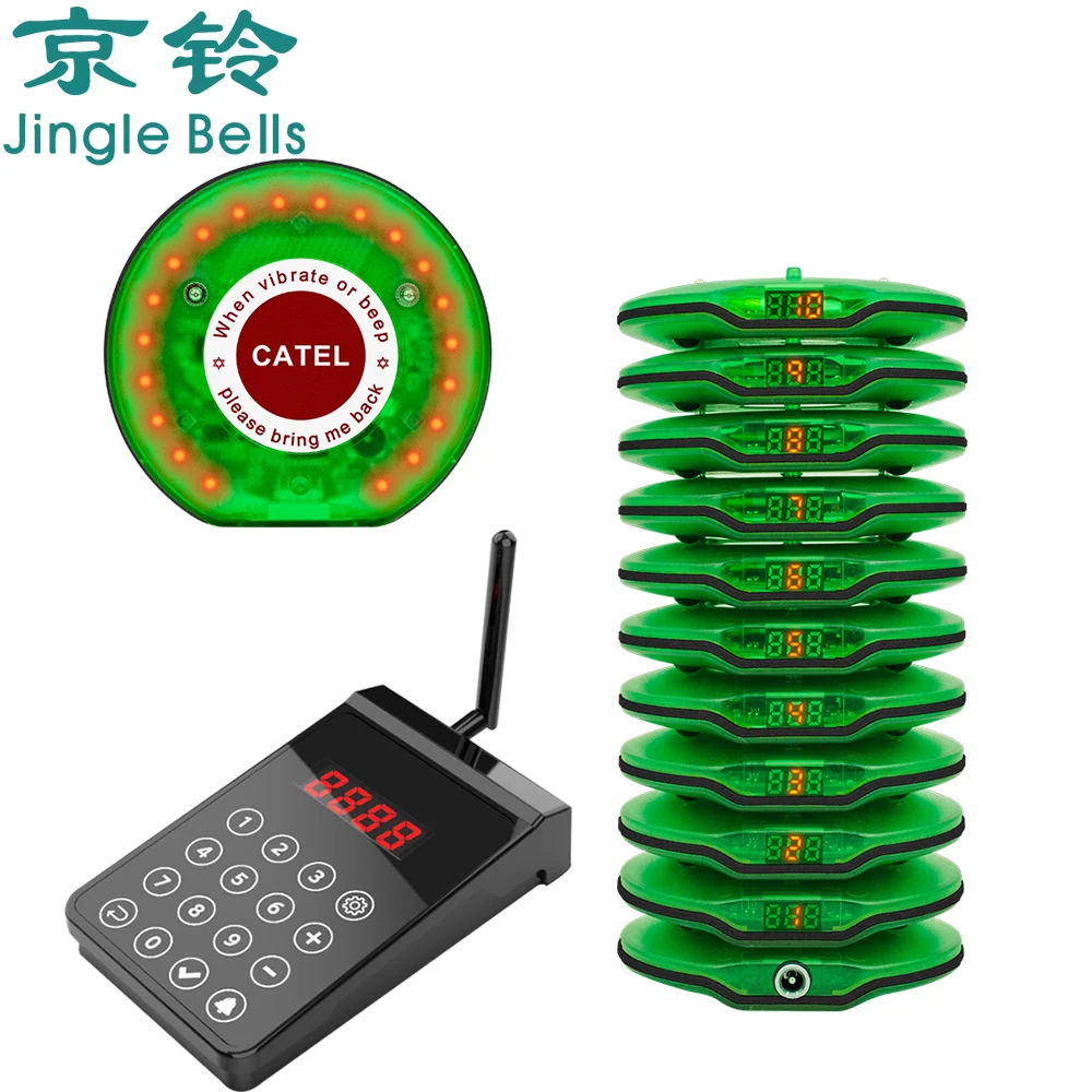 JINGLE BELLS CTP203R Wireless Restaurant Waiter Coaster Paging System 1 Keyboard 10 Pager 1 Charger Calling Service Buzzer Pager