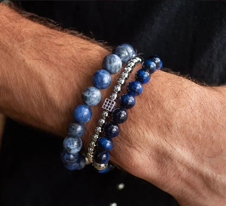 

Fashion Blue Tiger's Eye Stone CZ Copper Square Strand Bracelet for Men Boho Shiny Elastic layering Bracelet Set Boyfriend Gifts