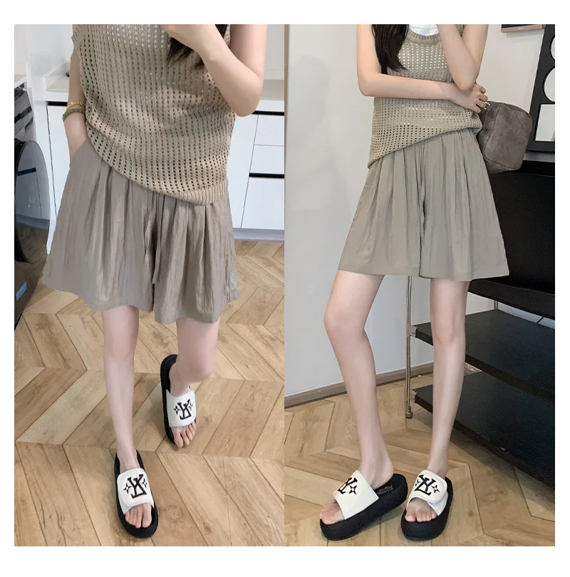 Solid Color Casual Summer Shorts for Women Thin Breathable Elastic Waist Shorts Woman Vacation Loose Wide Leg Shorts Beach Pants