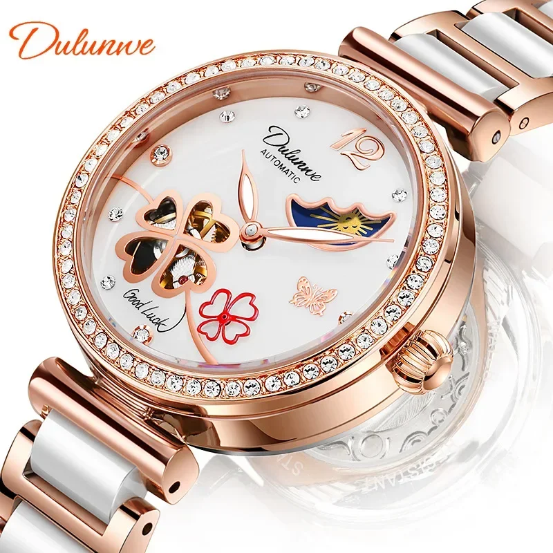 Women's Diamond Set Automatic Hollow Tourbillon Mechanical Watch Waterproof Ceramic Watch Glow-in-the-dark Sports Watch