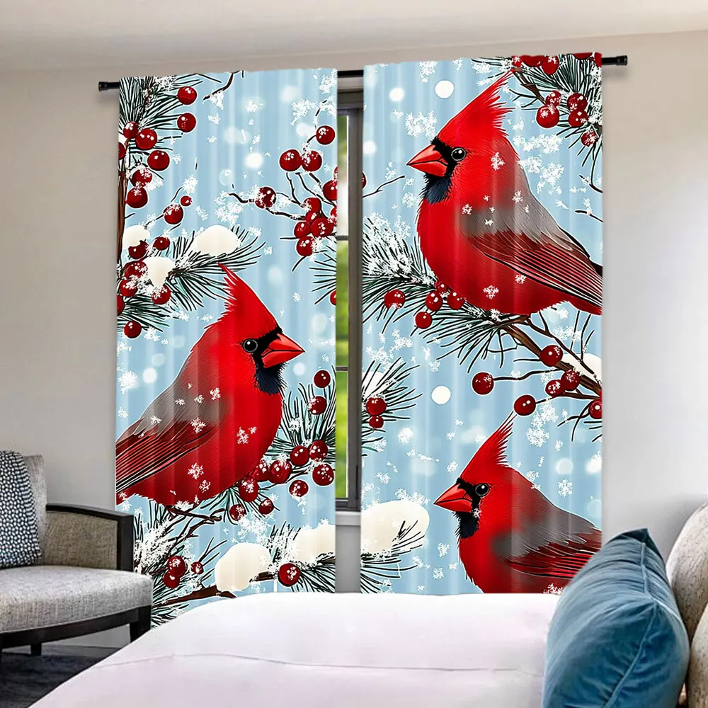 

2Pcs Christmas Curtain Green Pine Tree Branch Snowflake Xmas Red Bird Winter Holiday Berry Forest Festival Rustic Nature