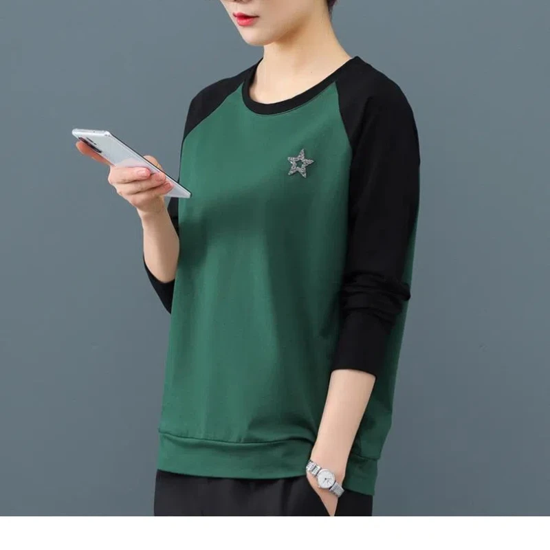 Flattering Rivet Round Neck Contrast Color Women\'s Clothing Pullover Lantern Long Sleeve T-shirt Casual Loose Spring Autumn Tops