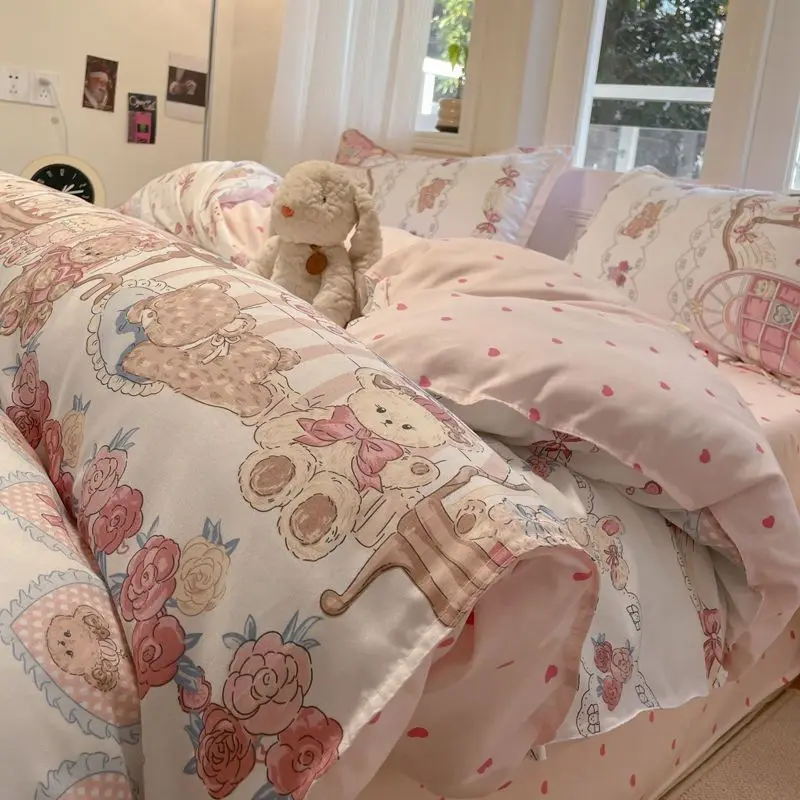 

Pink Bear Bedding Set No Filler New Floral Ins Duvet Cover Flat Bed Sheet Pillowcases Girls Boys Queen Comforter Cover