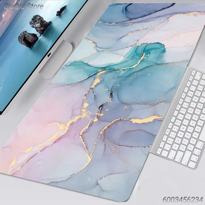 

Pastel Marble Large Mouse Pad: Aesthetic Fluid Art Desk Mat with Gold Trim, Non-Slip Rubber Base for Gamers & Office