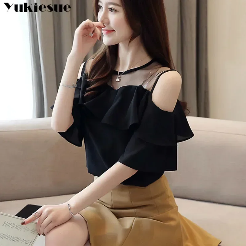 Blusa blanca de gasa de manga corta para verano, camisa con hombros descubiertos, para mujer