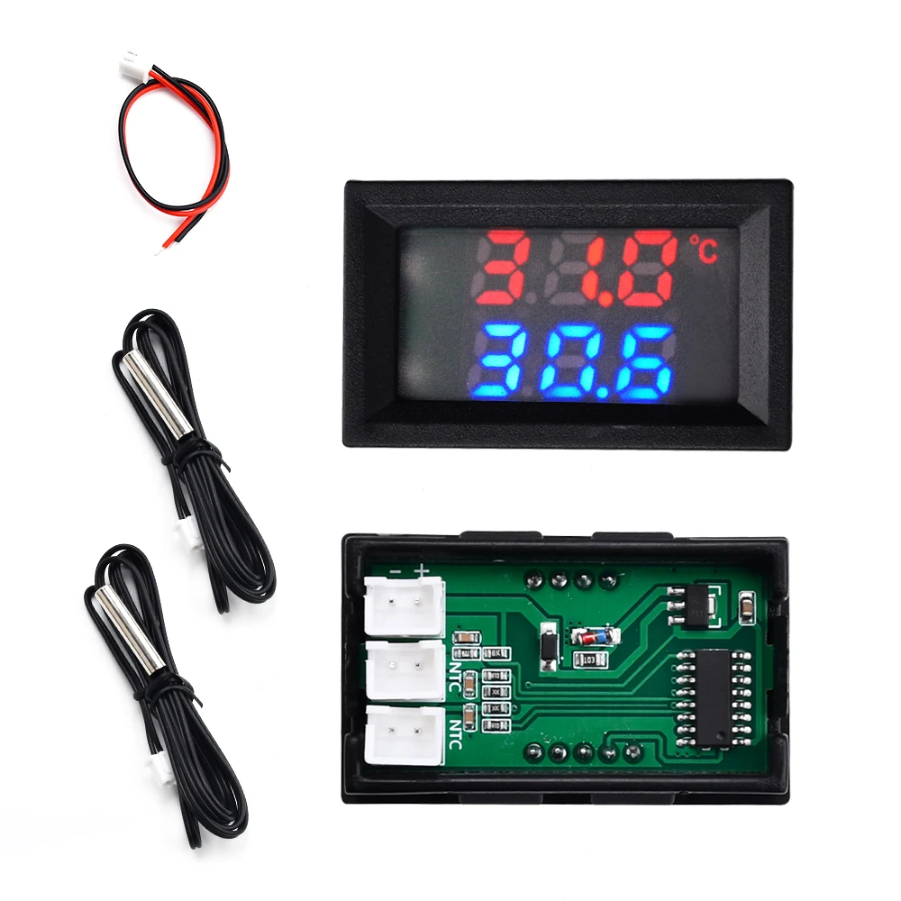 0.56inch Mini LED Dual Display Digital Temperature Sensor Tester DC4V-30V Voltmeter Voltage Tester W/ NTC Waterproof Metal Probe