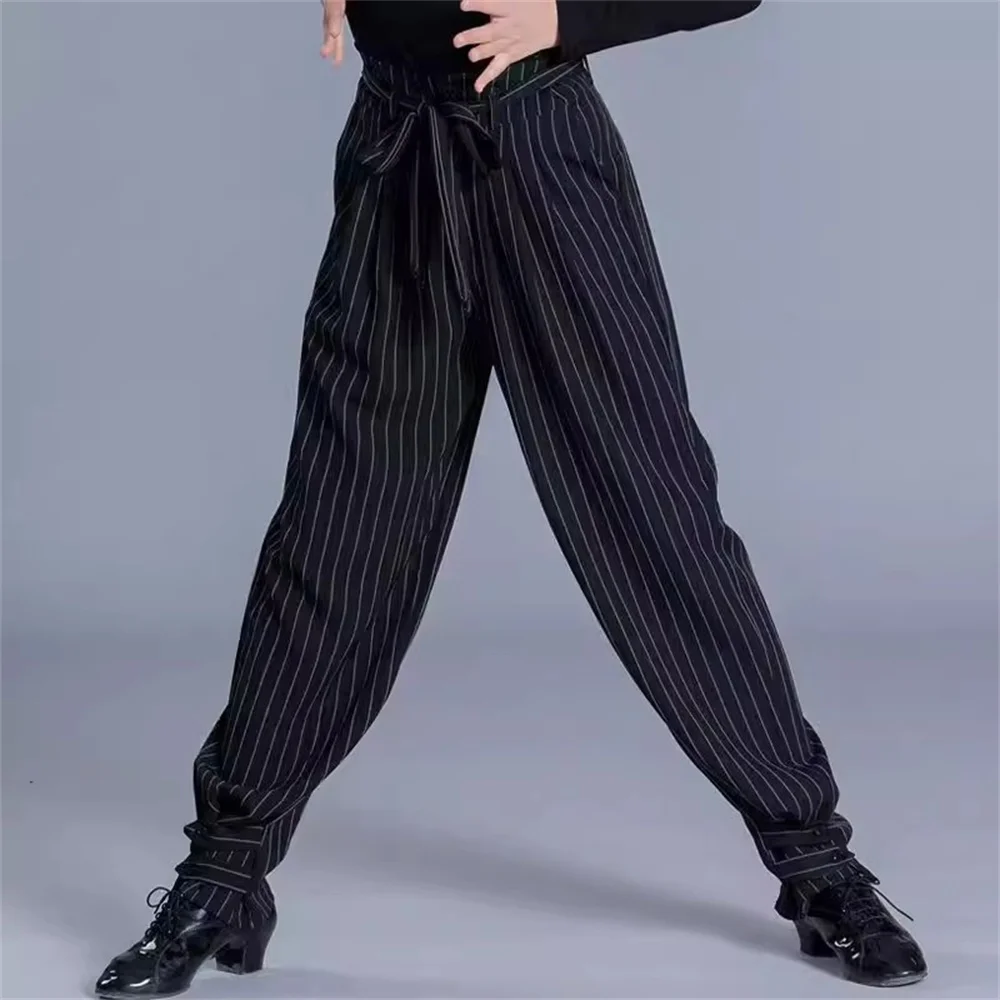 Recién llegado, pantalones de baile latino a rayas para niños, pantalones de baile de salón negros, pantalones con cordones en la cintura para niños, pantalones Cha/Rumba/Samba