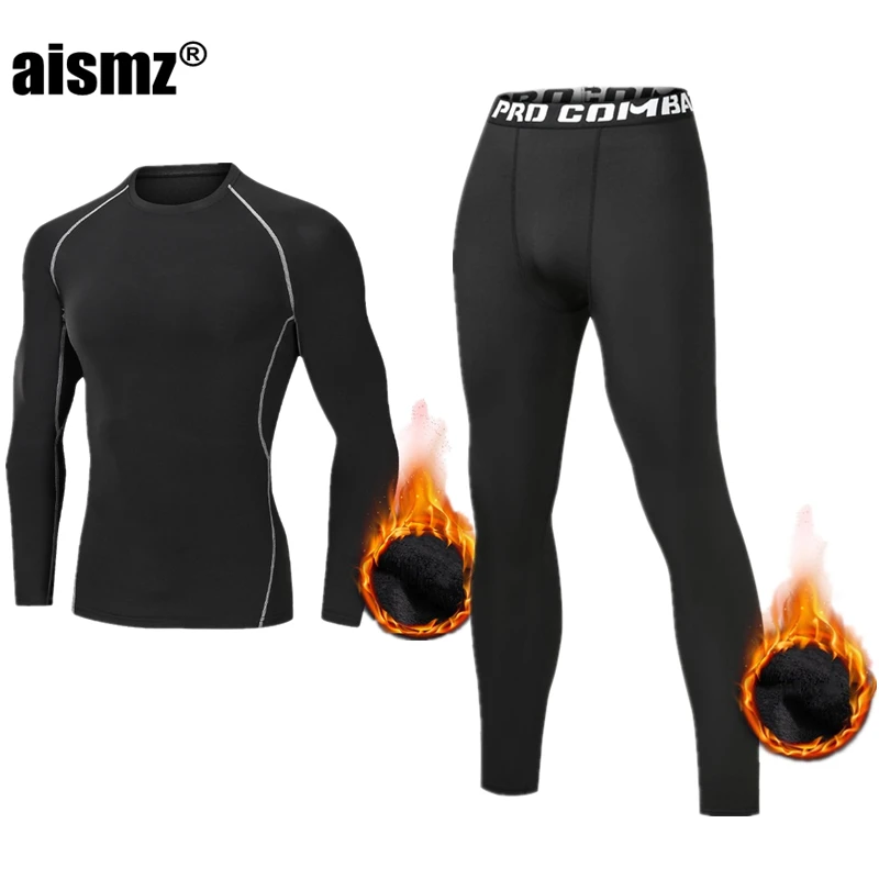 Aismz Winter Thermal Underwear Men Clothing Sportswear Compression Quick Dry Warm Long Johns Fitness Fleece Thermo Underwear Set